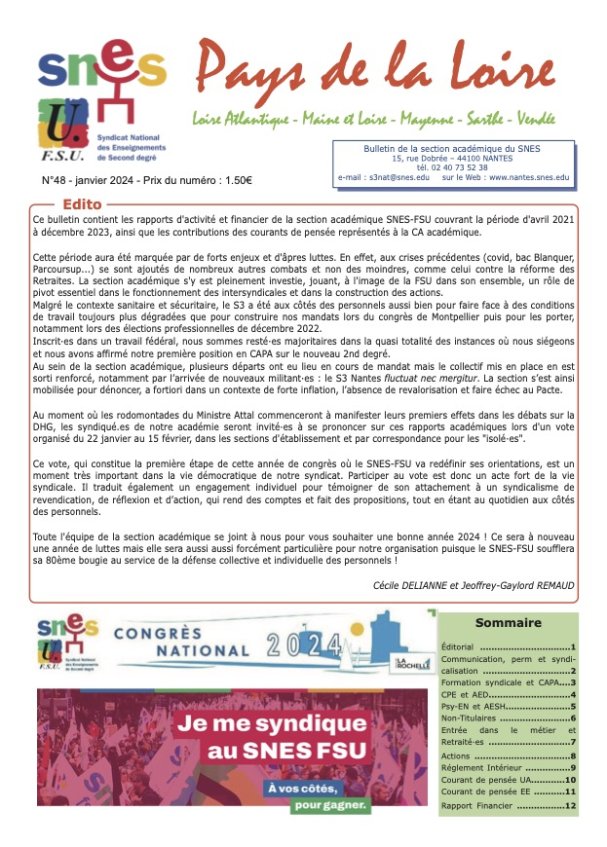 Bulletin SNES Pays de Loire n°48 jan 2024